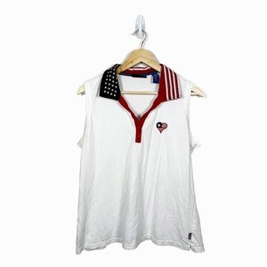 Karen Scott Sport Red White and Blue Tennis Collared Shirt